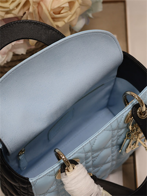 CD Small Lady Di.or Bag Two Tones Cannage Lambskin Gold Tone Metal Blue and Black