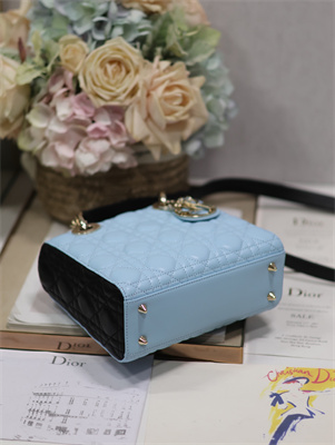 CD Small Lady Di.or Bag Two Tones Cannage Lambskin Gold Tone Metal Blue and Black