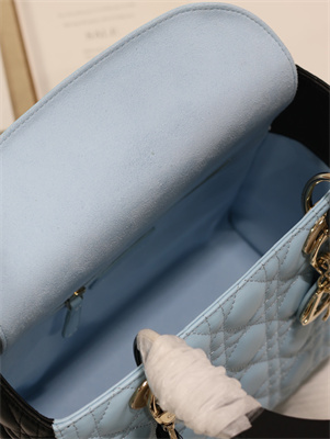 CD Medium Lady Di.or Bag Two Tones Cannage Lambskin Gold Tone Metal Blue and Black