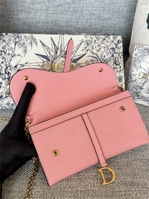 CD Long Saddle Wallet With Chain Grained Calfskin Pink