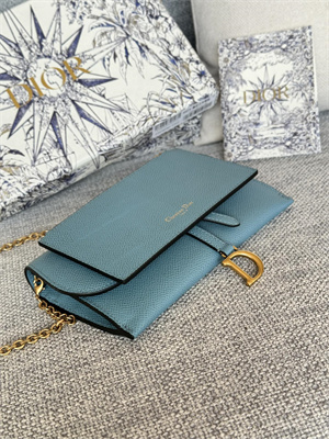 CD Long Saddle Wallet With Chain Grained Calfskin Blue