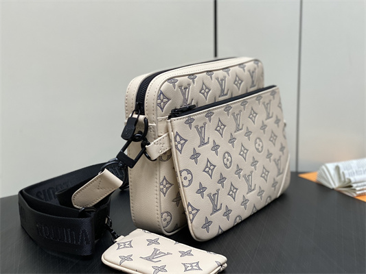 L.V Trio Messenger Monogram Shadow Calfskin Leather White/Navy Blue