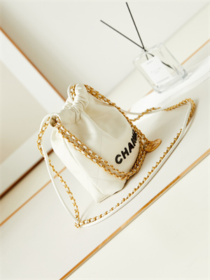 Cha.nel 22 Mini Handbag Shiny Calfskin Gold Tone Metal White With Black Letters AS3980