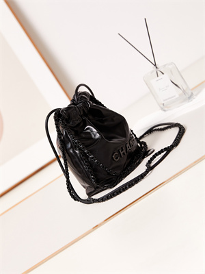 Cha.nel 22 Mini Handbag Shiny Calfskin Black Tone Metal Black AS3980