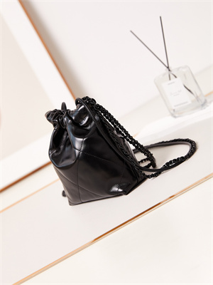 Cha.nel 22 Mini Handbag Shiny Calfskin Black Tone Metal Black AS3980