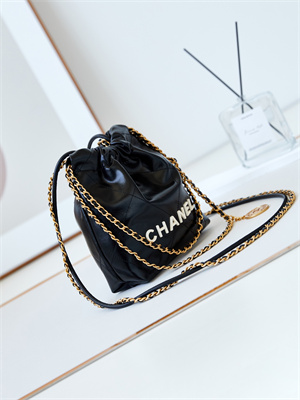 Cha.nel 22 Mini Handbag Shiny Calfskin Gold Tone Metal Black With White Letters AS3980
