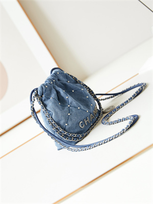 Cha.nel 22 Mini Handbag Washed Denim Silver-Tone Metal Blue AS3980
