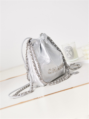 Cha.nel 22 Mini Handbag Metallic Shaded Calfskin Silver Tone Metal AS3980