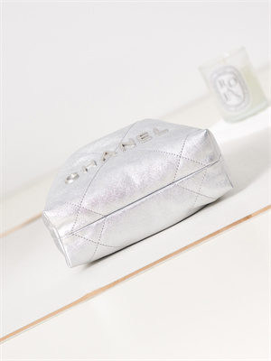 Cha.nel 22 Mini Handbag Metallic Shaded Calfskin Silver Tone Metal AS3980