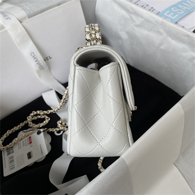 cha.nel mini flap bag with Di*m*nd top handle lambskin gold tone metal white as4140