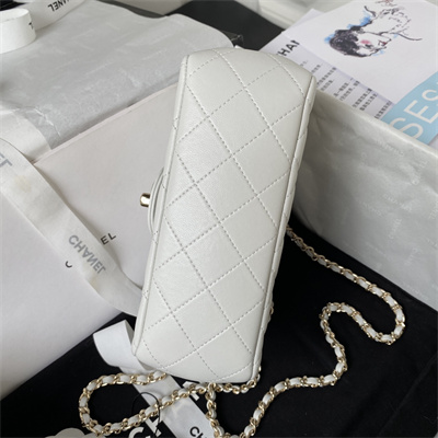 cha.nel mini flap bag with Di*m*nd top handle lambskin gold tone metal white as4140