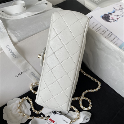 cha.nel small flap bag with Di*m*nd top handle lambskin gold tone metal white as4141