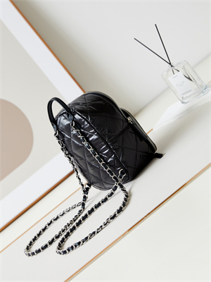 Cha.nel Backpack Nylon & Silver-Tone Metal Black AS4366