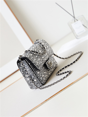 Ch*el mini flap bag satin, strass & silver-tone metal silver as4142