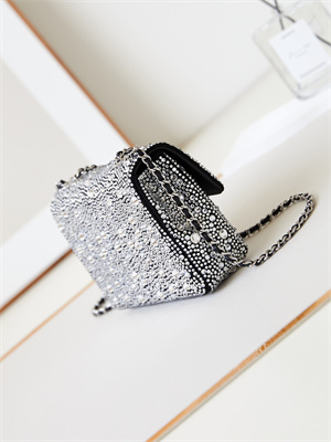 Ch*el mini flap bag satin, strass & silver-tone metal silver as4142