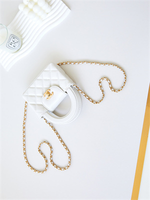 Ch*el clutch with chain shiny aged calfskin gold-tone metal white ap3435