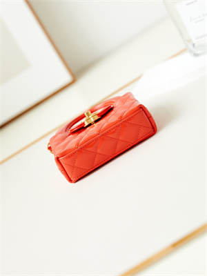 Ch*el clutch with chain shiny aged calfskin gold-tone metal orange ap3435