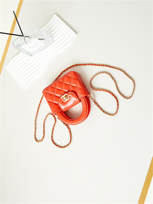 Ch*el clutch with chain shiny aged calfskin gold-tone metal orange ap3435