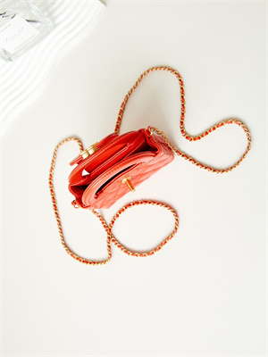 Ch*el clutch with chain shiny aged calfskin gold-tone metal orange ap3435