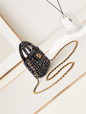 Ch*el clutch with chain black and white tweed gold-tone metal ap3435