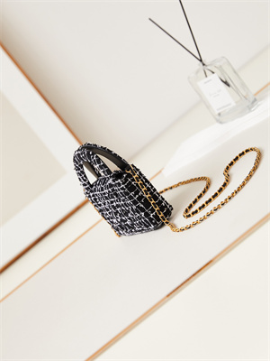 Ch*el clutch with chain black and white tweed gold-tone metal ap3435
