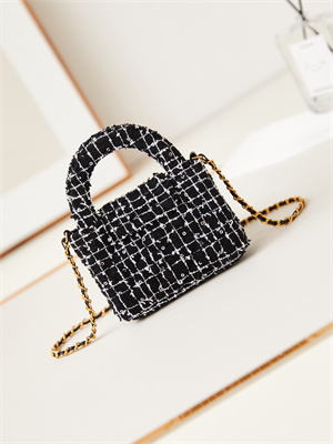 Ch*el clutch with chain black and white tweed gold-tone metal ap3435