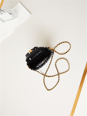 Ch*el clutch with chain black and white tweed gold-tone metal ap3435
