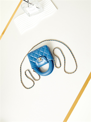 Ch*el clutch with chain shiny aged calfskin gold-tone metal blue ap3435