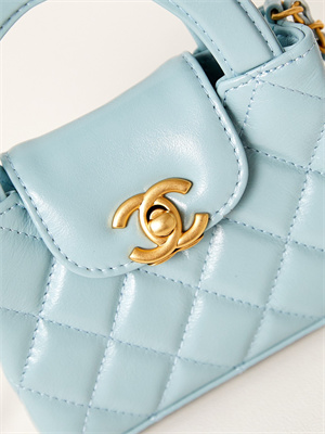 Ch*el clutch with chain shiny aged calfskin gold-tone metal lt blue ap3435