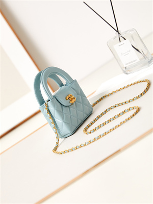 Ch*el clutch with chain shiny aged calfskin gold-tone metal lt blue ap3435