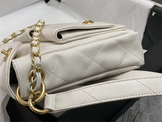 Ch*el hobo handbag shiny calfskin gold tone metal white as4743
