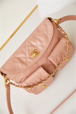 Ch*el hobo handbag shiny calfskin gold tone metal pink as4743