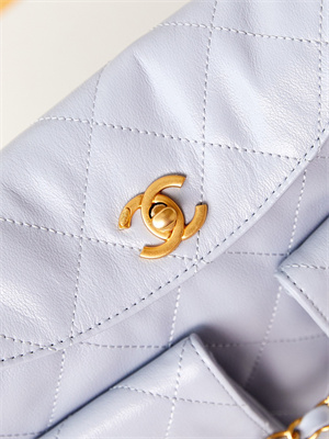 Ch*el hobo handbag shiny calfskin gold tone metal blue as4743