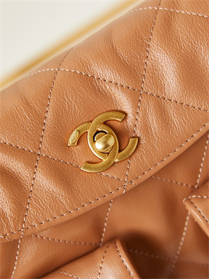 Ch*el hobo handbag shiny calfskin gold tone metal brown as4743