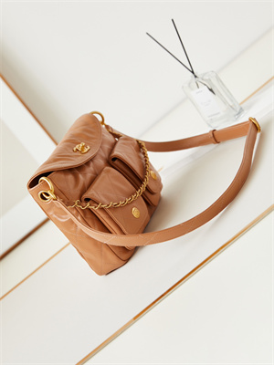 Ch*el hobo handbag shiny calfskin gold tone metal brown as4743