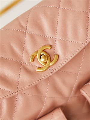 Ch*el large hobo handbag shiny calfskin gold tone metal pink as4668