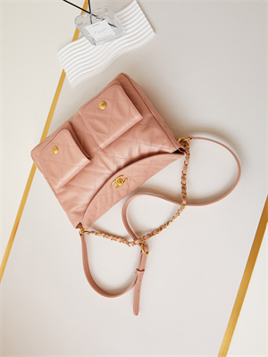 Ch*el large hobo handbag shiny calfskin gold tone metal pink as4668