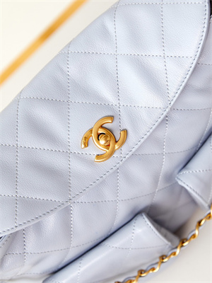 Ch*el large hobo handbag shiny calfskin gold tone metal blue as4668