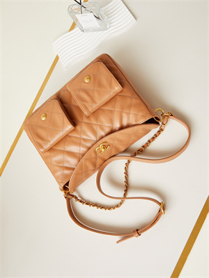 Ch*el large hobo handbag shiny calfskin gold tone metal brown as4668