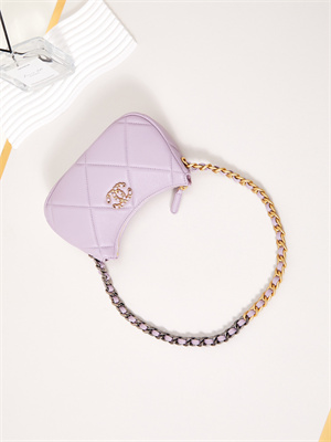 Ch*el 19 clutch with chain shiny lambskin, gold-tone, silver-tone & ruthenium-finish metal lilac ap3763