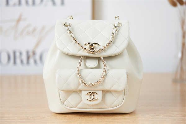 Cha.nel Duma Backpack Lambskin Gold Tone Metal White AS2908