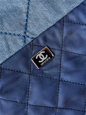 Cha.nel 22 Medium Handbag Washed Denim Blue Silver Tone Metal AS3261