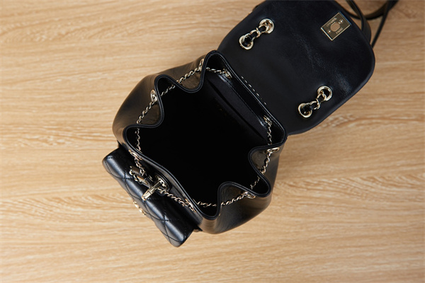 Cha.nel Duma Backpack Calfskin Gold Tone Metal Black AS2908