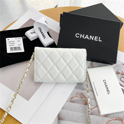 Ch*el belt bag with chain grained calfskin gold tone metal white color a81081