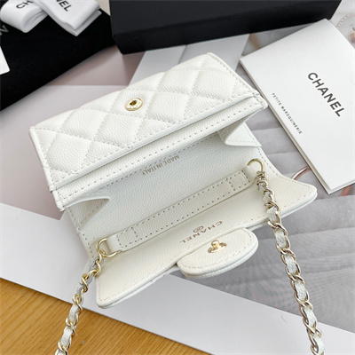 Ch*el belt bag with chain grained calfskin gold tone metal white color a81081