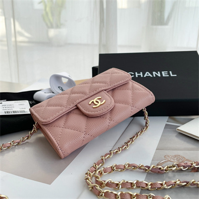 Ch*el belt bag with chain grained calfskin gold tone metal pink color a81081
