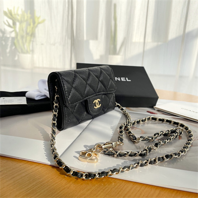 Ch*el belt bag with chain grained calfskin gold tone metal black color a81081