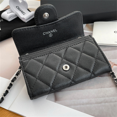 Ch*el belt bag with chain grained calfskin silver tone metal black color a81081