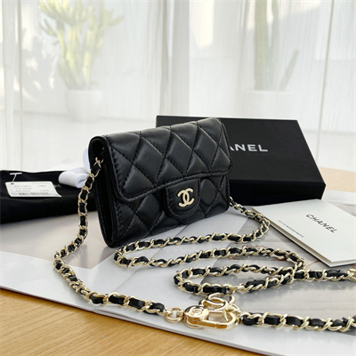 Ch*el belt bag with chain lambskin gold tone metal black color a81081