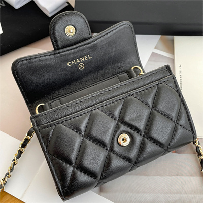 Ch*el belt bag with chain lambskin gold tone metal black color a81081